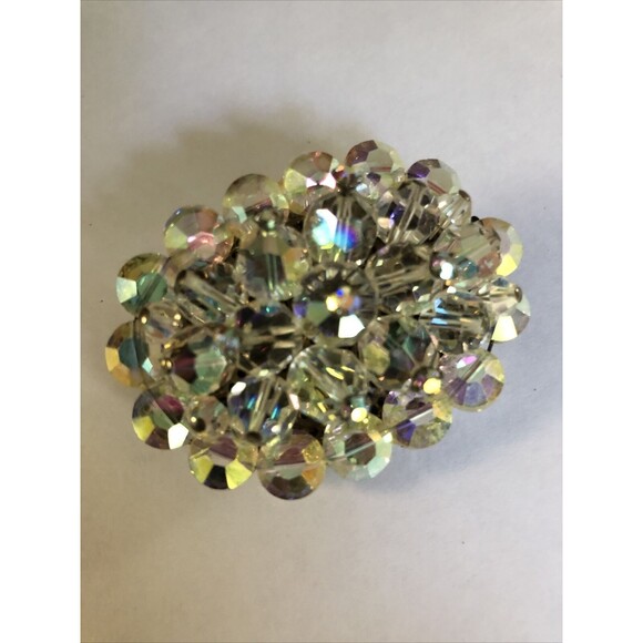 VTG.RETRO IRIDESCENT AURORA BOREALIS MULTI FACET CRYSTAL BEAD OVAL 2” BROOCH - Picture 6 of 7